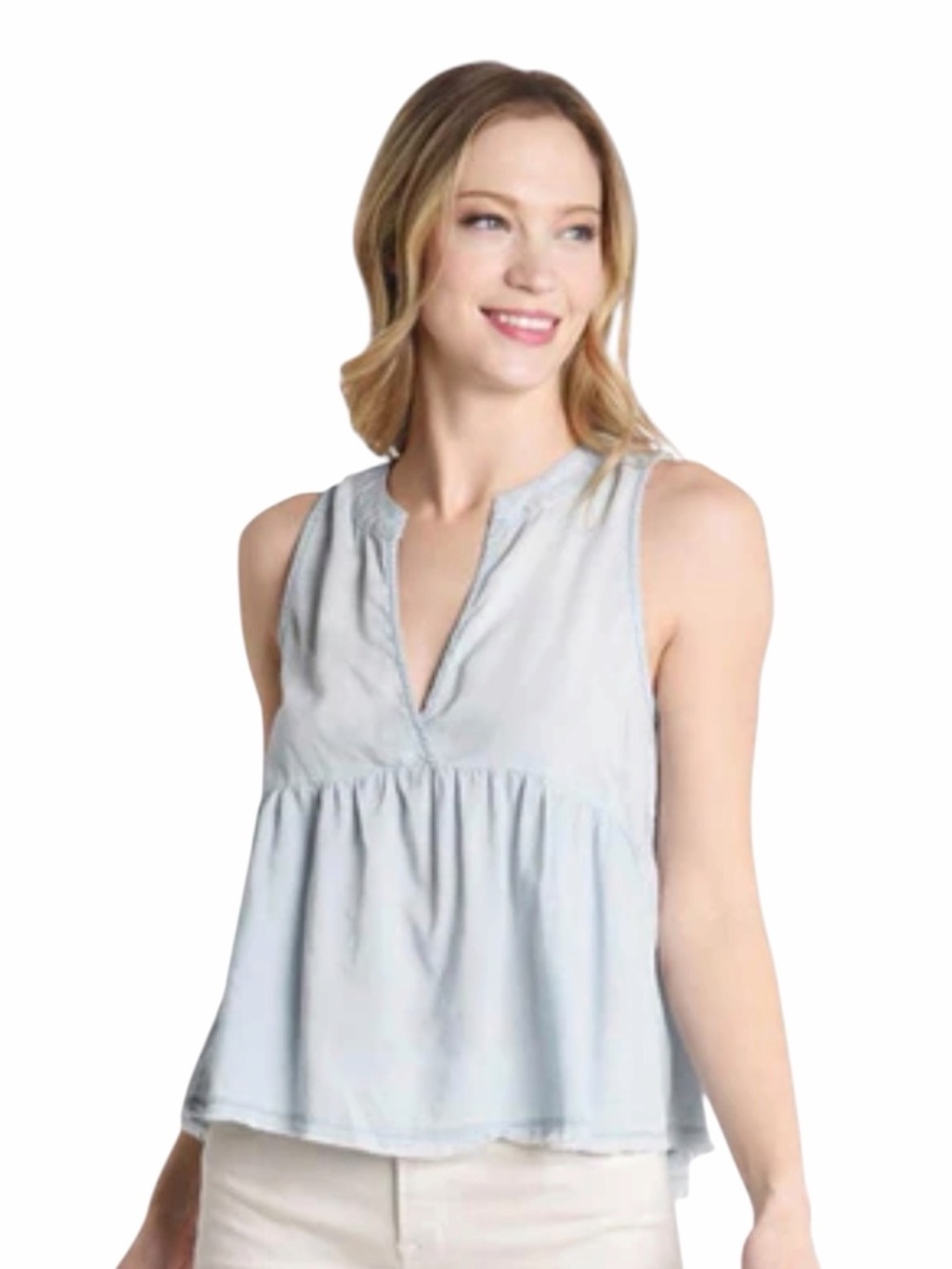 Bella Dahl Sleeveless Light Blue V-Neck Peplum Top